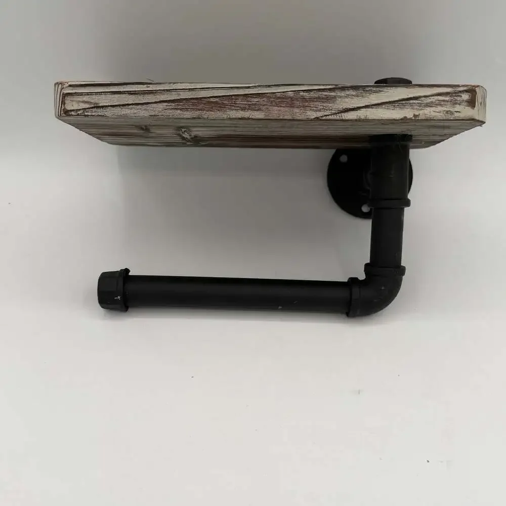 industrial-style wall-mounted toilet paper holder with a rustic wood top shelf